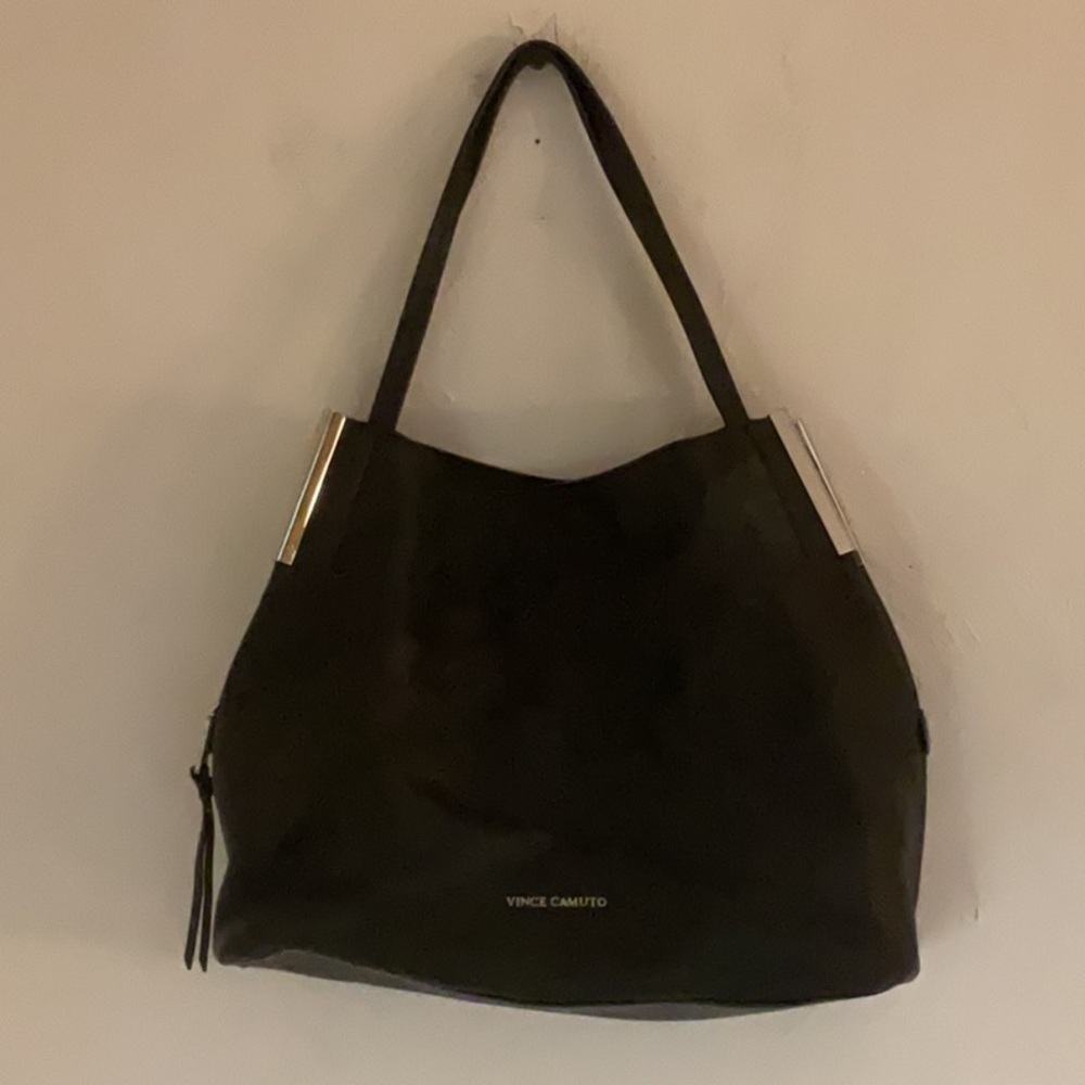 Vince Camuto Tina Leather Tote Bag Black Nero Silver Hardware